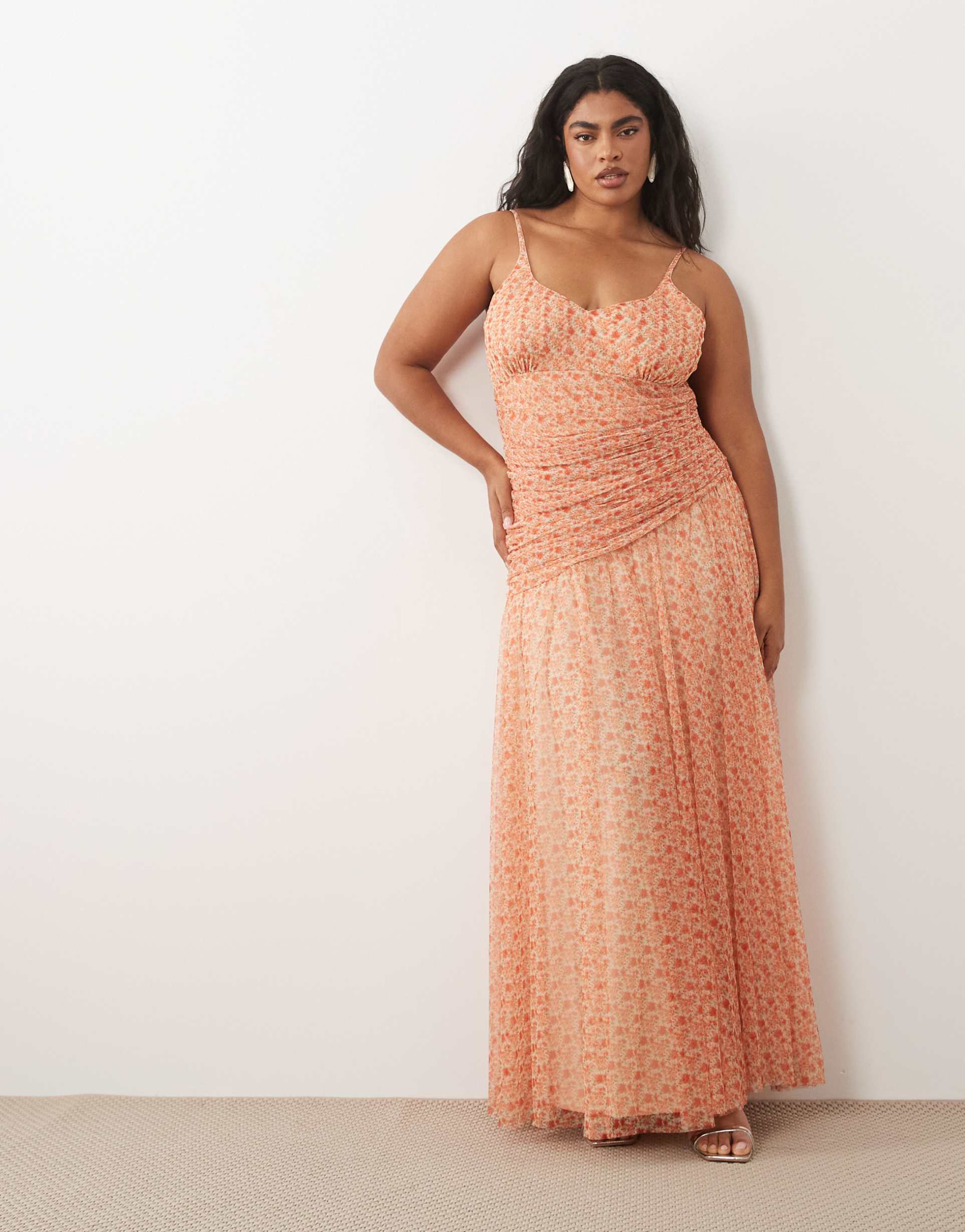 lace & beads plus cami ruched asymmetric bodice maxi dress in red wildflower ditsy print