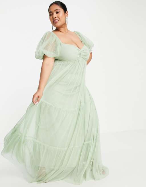 Lace & Beads Plus - Charlotte - Bruidsmeisjesjurk van tule met pofmouwen in saliegroen, 3 van 4