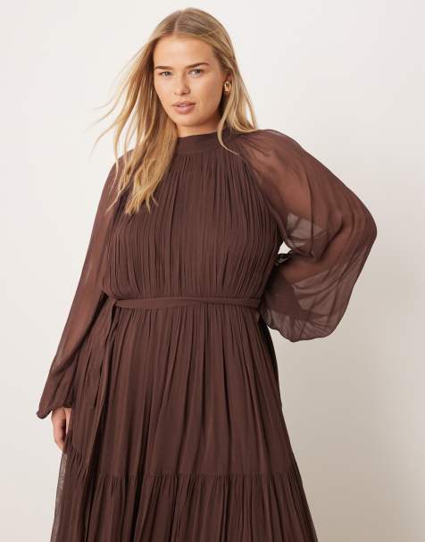 Lace & Beads Plus chiffon balloon sleeve maxi dress in chocolate - view 1