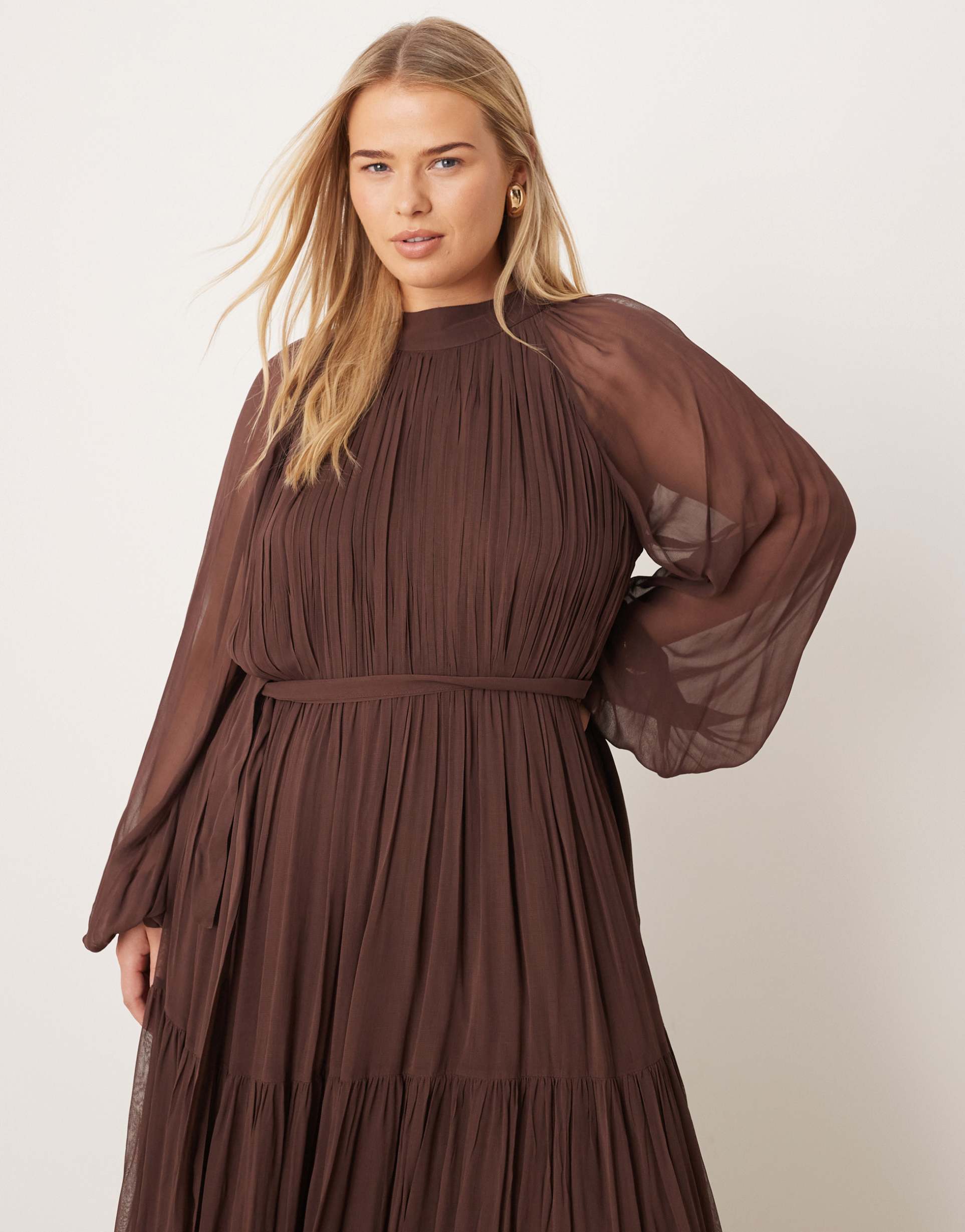 lace & beads plus chiffon balloon sleeve maxi dress in chocolate