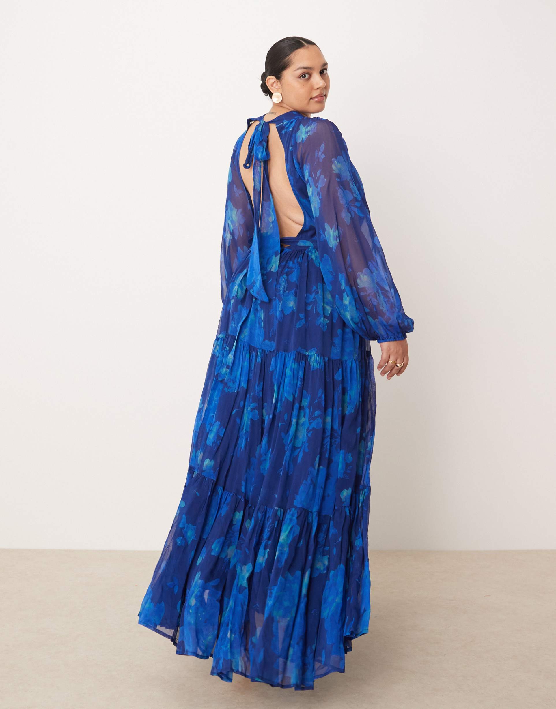 lace & beads plus chiffon balloon sleeve maxi dress in cobalt floral print