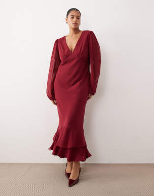 Lace & Beads Plus chiffon balloon sleeve plunge neck ruffle hem maxi dress in burgundy