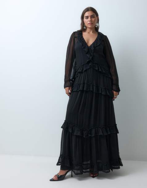 Lace & Beads Plus chiffon plunge neck flare sleeve ruffle maxi dress in black - view 1