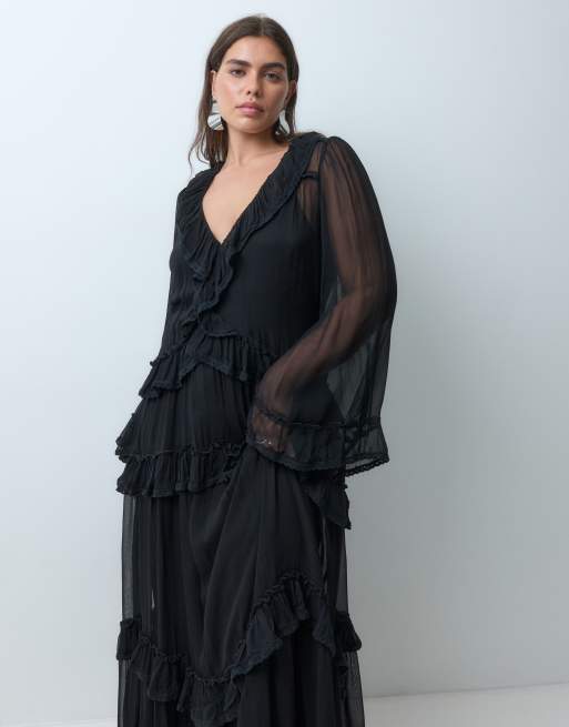Lace & Beads Plus chiffon plunge neck flare sleeve ruffle maxi dress in black, 2 of 5