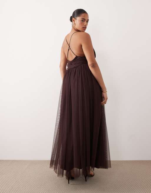 Lace & Beads Plus - Chokoladebrun maxikjole med aftagelige ærmer i tyl, 2 af 4
