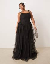 Lace & Beads Plus corset dropped hem tulle maxi dress in black