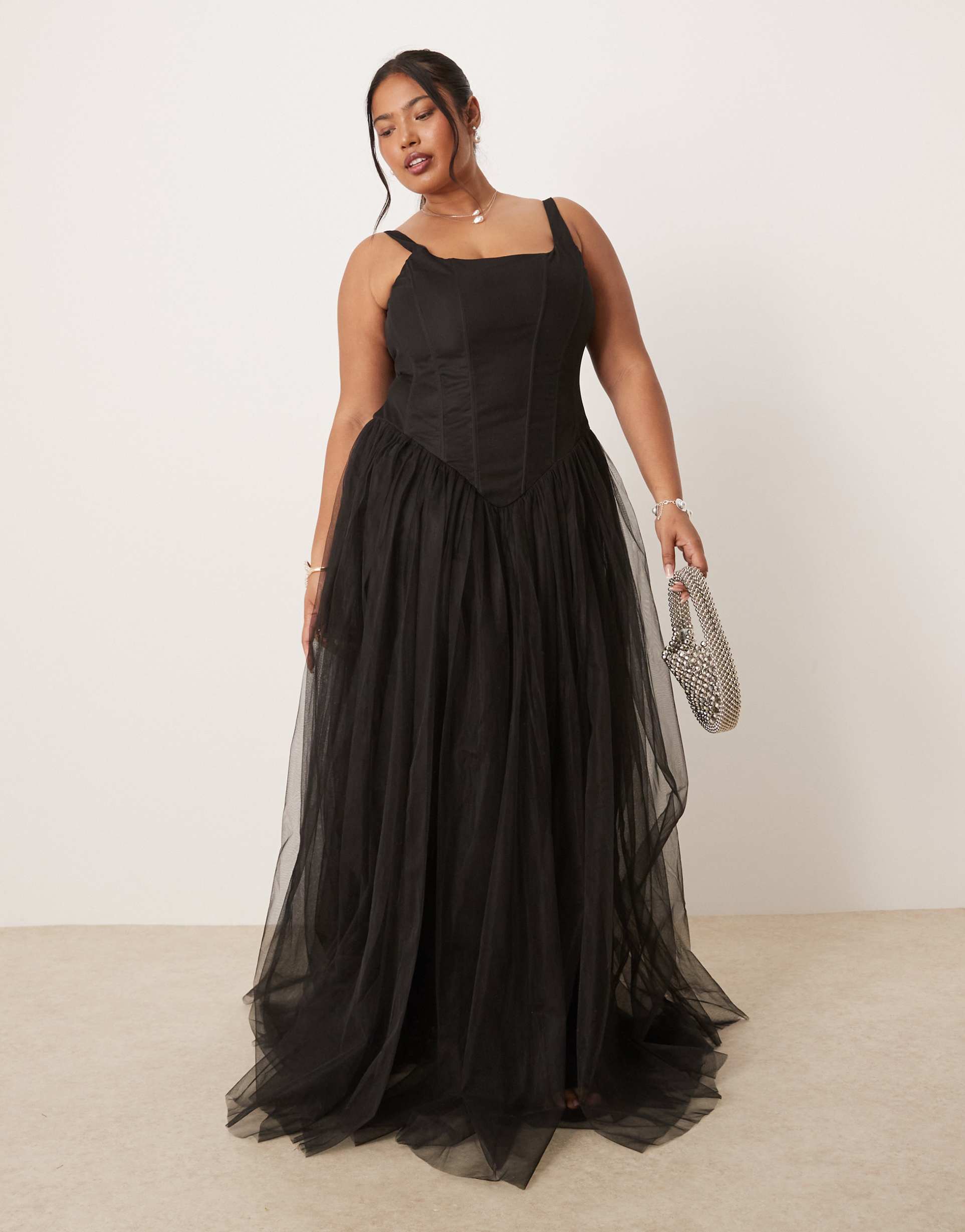 lace & beads plus corset dropped hem tulle maxi dress in black