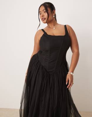 Lace & Beads Plus Corset Dropped Hem Tulle Maxi Dress