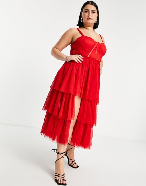 Lace & Beads Plus corset tiered tulle midi dress in red