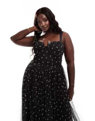 corset tulle midi dress in black polka dot