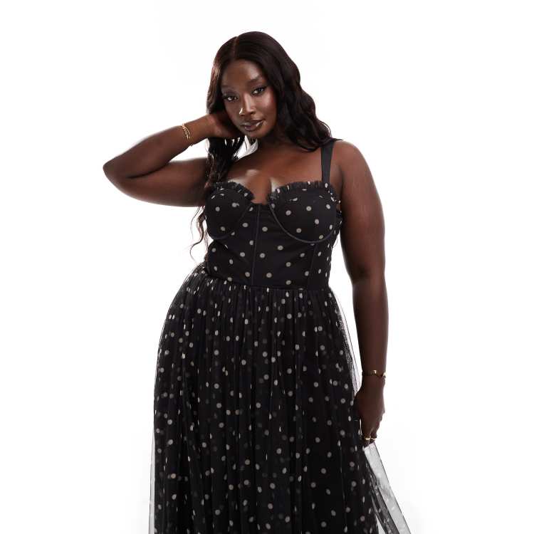 Lace & Beads Plus corset tulle midi dress in black polka dot | ASOS