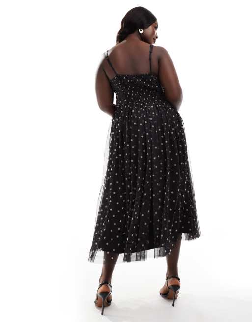 Lace Beads Plus corset tulle midi dress in black polka dot