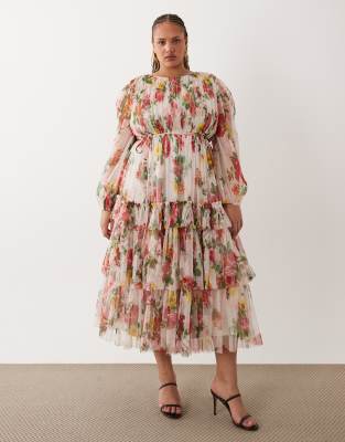 Lace & Beads Plus Crew Neck Tiered Midi Dress In Multi