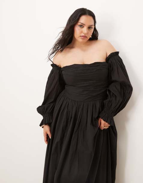 Lace & Beads Plus off shoulder cotton maxi dress in black