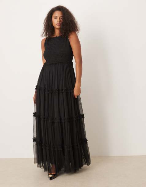 Lace & Beads Plus – Czarna marszczona sukienka maxi - view 1