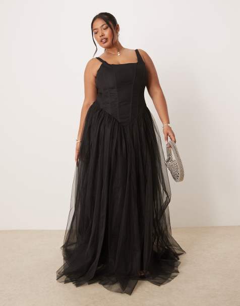 Lace & Beads Plus corset drop hem tulle maxi dress in black