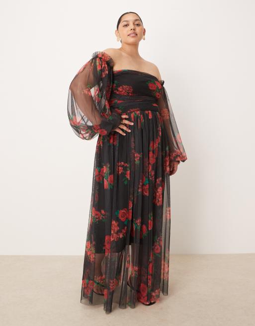 Lace & Beads Plus – Czarna tiulowa sukienka maxi w róże z balonowymi rękawami i odsłoniętymi ramionami