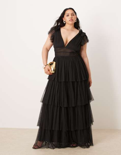 Lace & Beads Plus ruffle shoulder tiered maxi dress in black