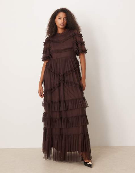Lace & Beads Plus high neck short sleeve tulle maxi dress in chocolate plum