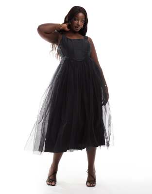 drop hem corset maxi dress in black