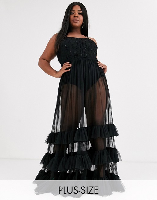 Lace & Beads Plus embellished bodice tiered tulle maxi dress in black
