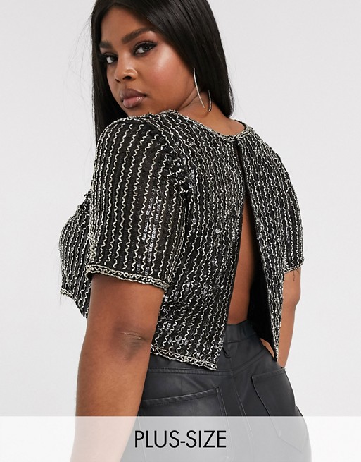 Lace & Beads Plus embellished crop top in black and gold