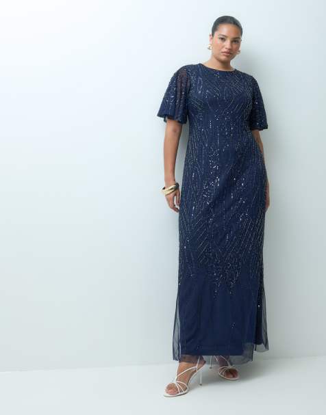 Lace & Beads Plus embellished round neck flutter sleeve maxi dress in navy - view 1