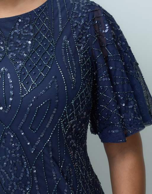 Lace & Beads Plus embellished round neck flutter sleeve maxi dress in navy, 2 of 4