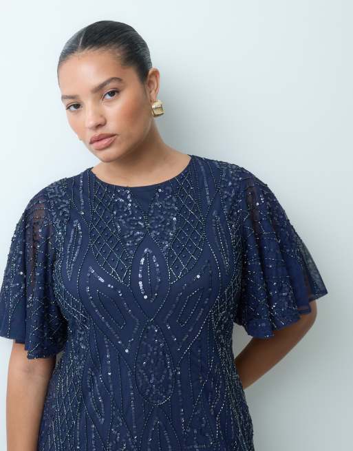 Lace & Beads Plus embellished round neck flutter sleeve maxi dress in navy, 3 of 4
