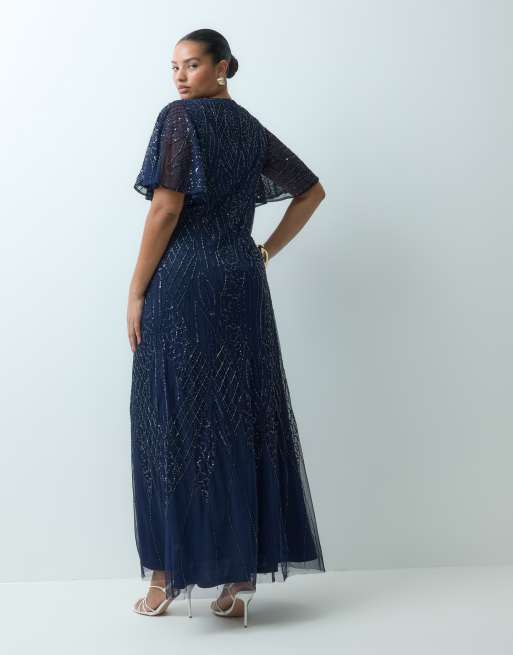 Lace & Beads Plus embellished round neck flutter sleeve maxi dress in navy, 4 of 4