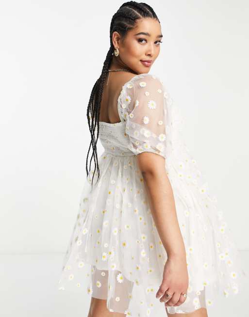 Lace Beads Embroidered Mini Dress With Sheer Sleeves In White Daisy