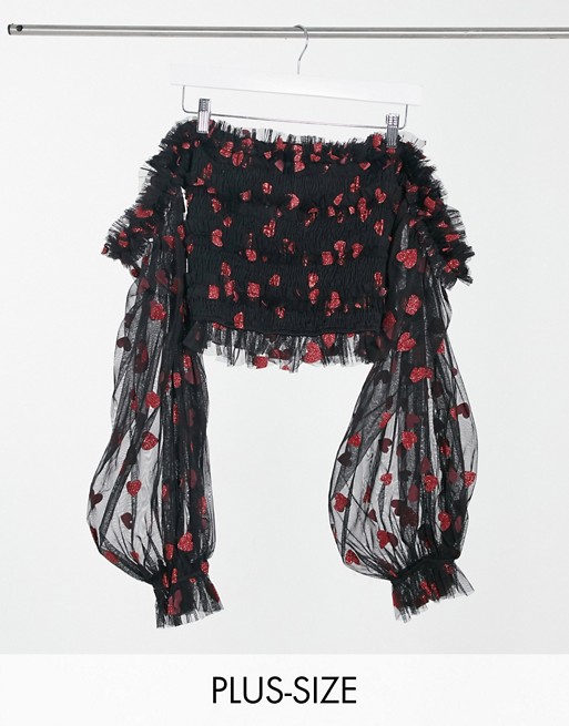 Lace & Beads Plus exclusive bardot ruffle top with sheer balloon sleeves in glitter heart print