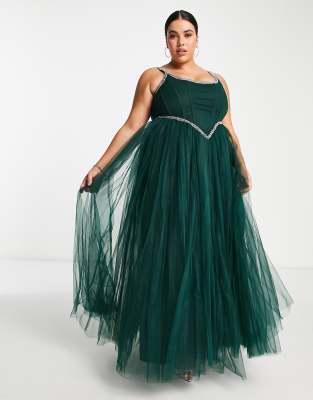 Lace & Beads Plus exclusive corset embellished maxi dress in emerald green