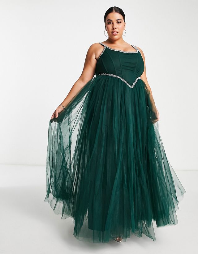 Lace & Beads Plus Exclusive corset embellished maxi dress in emerald green