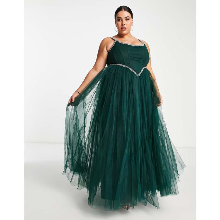 Lace Beads Plus Exclusive corset embellished maxi dress in emerald green