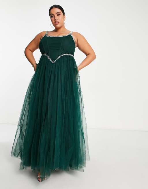 Lace & Beads Plus Exclusive corset embellished maxi dress in emerald green