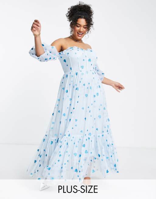 Lace Beads Plus exclusive corset puff sleeve dress in powder blue heart