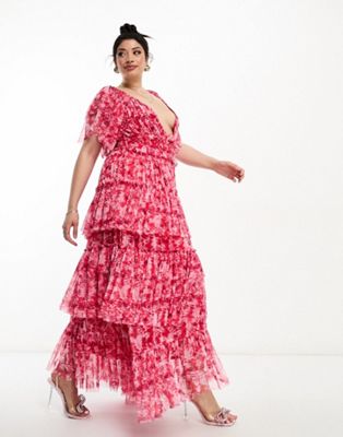 Lace & Beads Plus exclusive flutter sleeve ruffle maxi dress in red floral