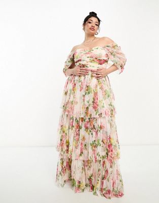 Lace & Beads Plus exclusive off shoulder high low maxi dress in bright floral
