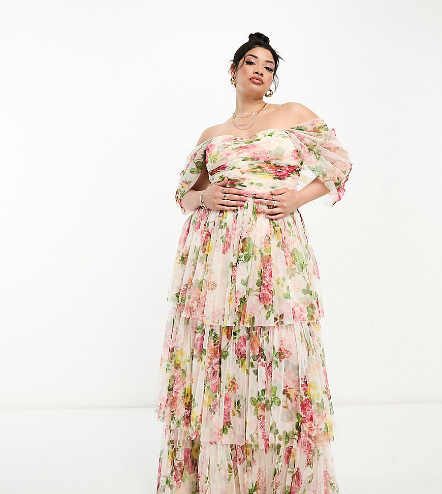 Lace & Beads Plus exclusive off shoulder high low maxi dress in bright floral-White
