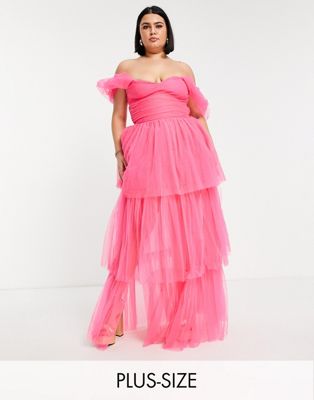Lace & Beads Plus exclusive off shoulder tulle maxi dress in bright pink