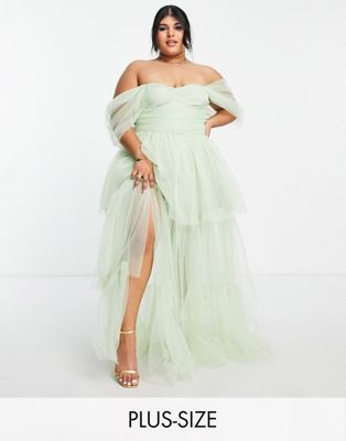 Lace & Beads Plus exclusive off shoulder tulle tiered maxi dress in sage green