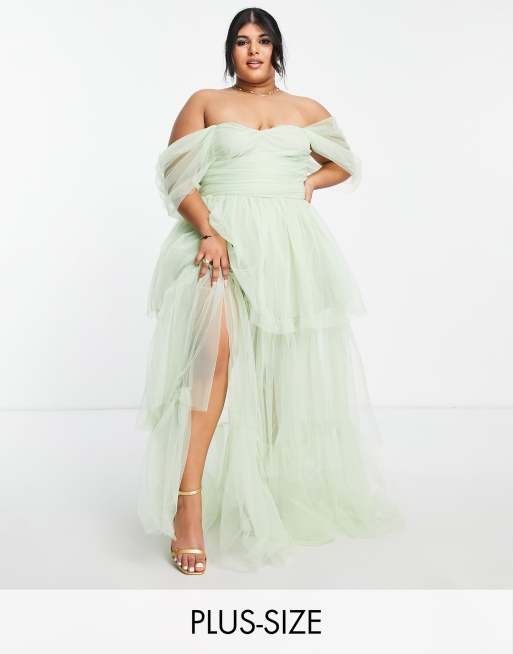 & Beads Plus exclusive off shoulder tulle maxi dress in green ASOS