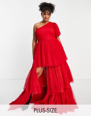 Lace & Beads Plus exclusive one shoulder maxi dress in red