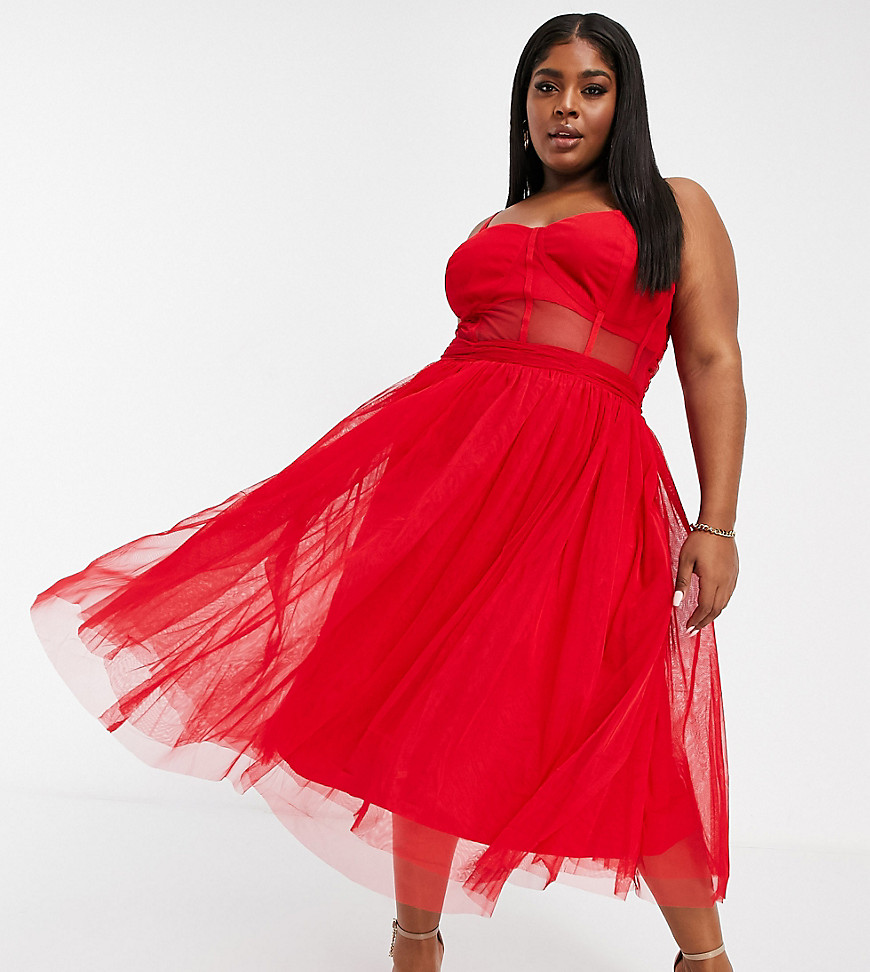 Lace & Beads Plus exclusive prom midi dress with mesh corset waist detail in red