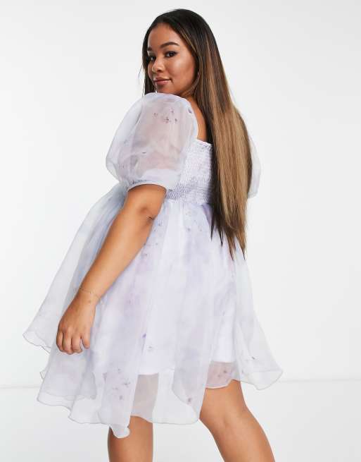 Lace & Beads Plus exclusive puff sleeve babydoll mini dress in lilac floral