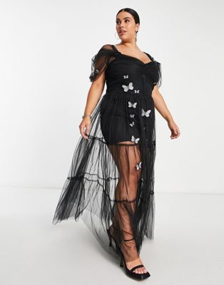 Lace & Beads Plus exclusive sheer corset 3D print embroidered dress in black