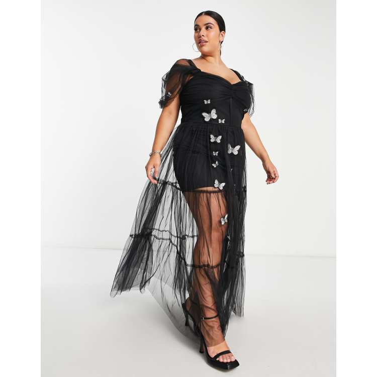 Lace & Beads Plus exclusive sheer corset 3D print embroidered dress in black