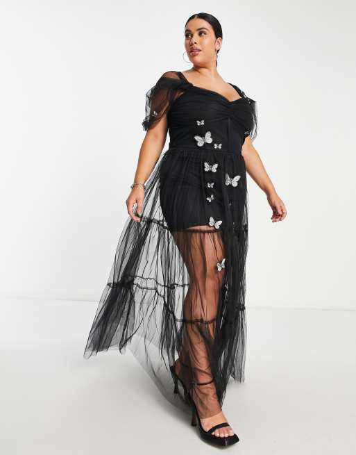 Lace & Beads Plus exclusive sheer corset 3D print embroidered dress in  black