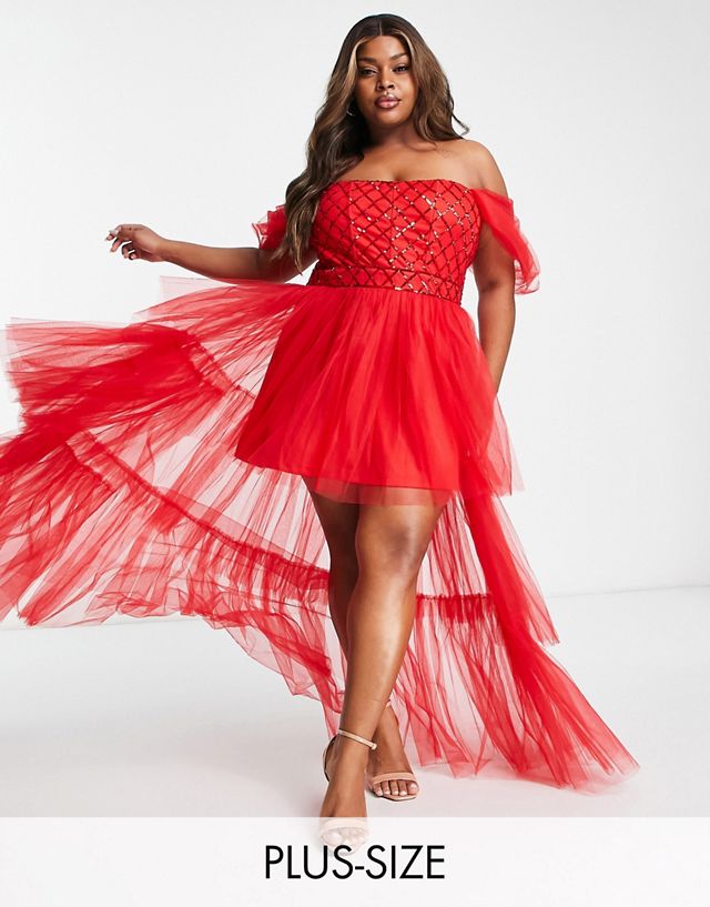 Lace & Beads Plus Exclusive sweetheart sequin bardot maxi dress in red